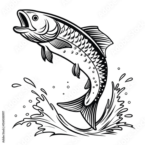 Black and White Vector Illustration Leaping Trout Fish