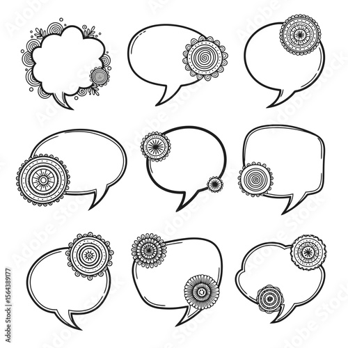 Set of Hand-Drawn Decorative Speech Bubbles with Intricate Mandala and Floral Patterns