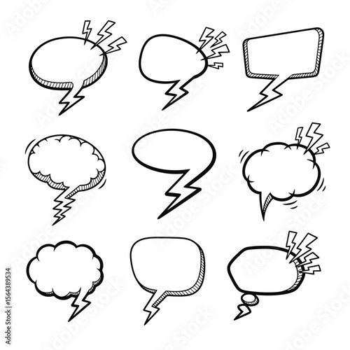 Hand-drawn comic speech bubbles with lightning bolt tails. Doodle style shout balloons, thought clouds, and message boxes for bold statements.