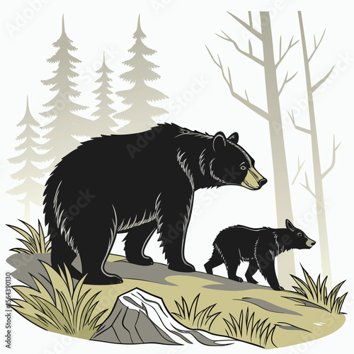 Black Bear and Cub in Forest Setting Illustrated bear cub