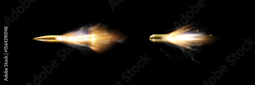Gunshots, bullet in motion, military smoke trails. Realistic flying bullet in motion. Smoke traces isolated on transparent background. Handgun shoot trails.