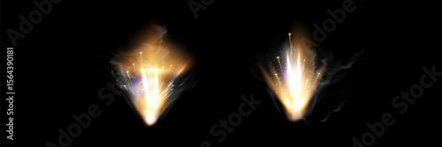 Gun flashes with smoke and fire sparkles. Pistol shots clouds, muzzle shotgun explosion. Blast motion, weapon bullets trails isolated on black background.