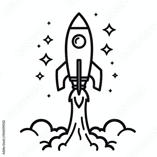 A modern line art icon of a rocket launching into a starry sky, symbolizing a creative startup, space missions, and the journey to achieving ambitious goals.
