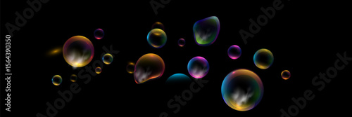 Set of realistic transparent colorful soap bubbles with rainbow reflection isolated on checkered background. Vector texture.