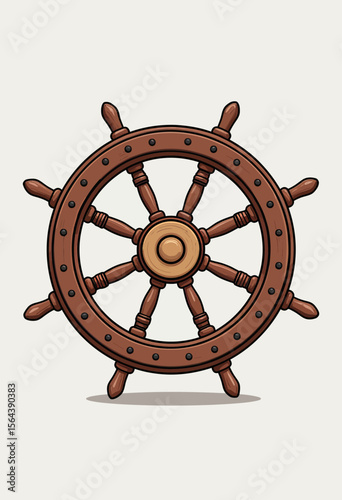 Classic wooden ship's wheel illustration with detailed texture, a vintage helm symbolizing maritime exploration, adventure, leadership, and nautical history.
