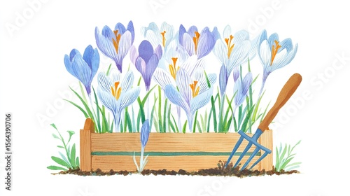 A springtime promise Delicate crocus flowers blooming from a wooden box ready to be planted with gardening tool in soft