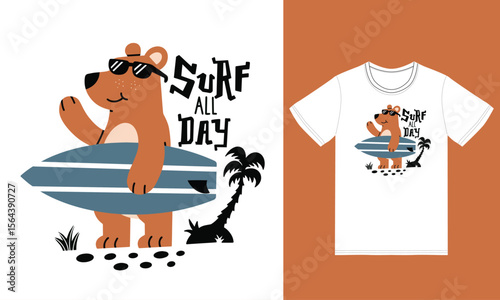 Cute bear holding a surfboard illustration with tshirt design premium vector