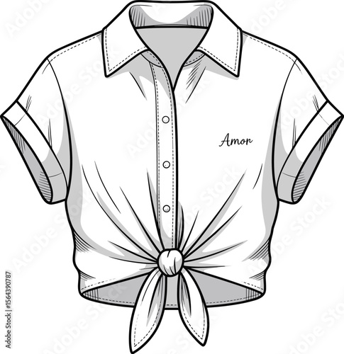 Chic Short-Sleeve Shirt with Bow Detail: Minimalist Fashion Illustration