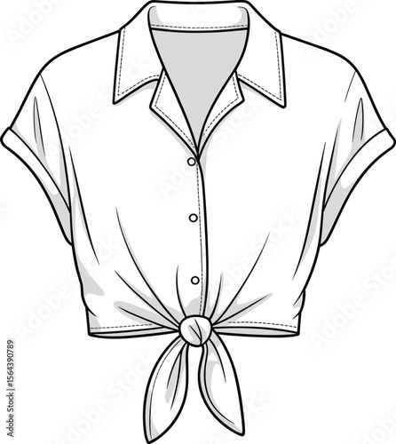 Chic Short-Sleeve Shirt with Bow Detail: Minimalist Fashion Illustration