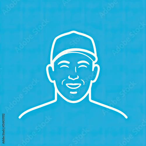 A friendly line art portrait of a smiling man wearing a cap, a minimalist avatar icon representing happiness, customer satisfaction, and a casual character.
