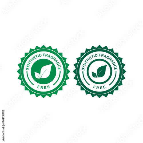 Synthetic fragrance-free label with leaf icon. Green eco-friendly badge for natural, organic, and clean beauty products and health goods.