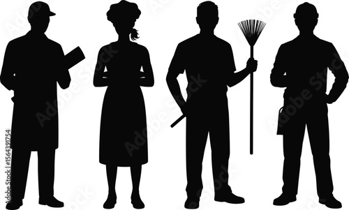 Silhouetted Workers in Black: Chef Gardener Construction Worker and Inspector