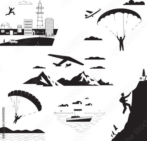 Skydiver in Freefall Silhouette

Parachuting Adventure Vector Design

Extreme Skydiving Action Illustration

High Altitude Parachute Jump Silhouette

Adrenaline Rush Skydiver Art