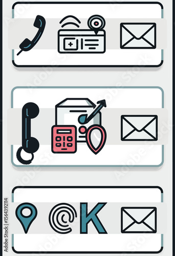 A creative set of modern contact information banners for business cards or websites, featuring unique icons for phone, email, location, and secure communication.
