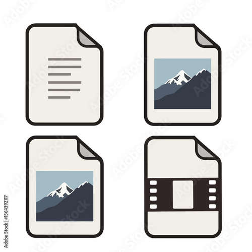 Flat design icon set of various digital file types, including text document, picture file, and video media, for computer interface or application design.
