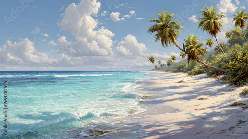 Sunlit Tranquility: An Idyllic Tropical Beachscape with Swaying Palms and Crystal Waves