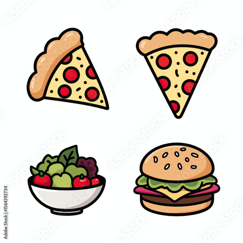 Cute collection of Kawaii-style fast food icons with thick outlines, featuring pizza slices, a hamburger, and a salad for stickers, menus, or app graphics.
