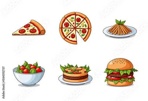 A delicious collection of cartoon food illustrations including pizza, pasta, hamburger, and salad, perfect for restaurant menus, food blogs, or culinary graphics.
