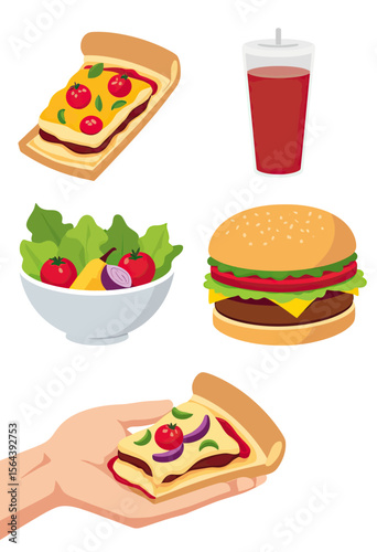 A collection of classic fast food items including a hamburger, pizza slice, fresh salad, and soda, illustrating choices for a quick lunch or takeaway meal.
