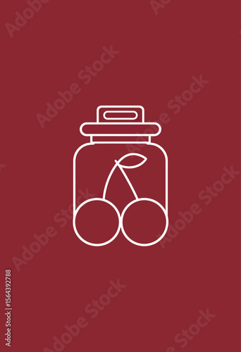 Minimalist line art icon of homemade cherry jam in a glass jar, a perfect symbol for canning, food preservation, pantry labels, or organic product branding.
