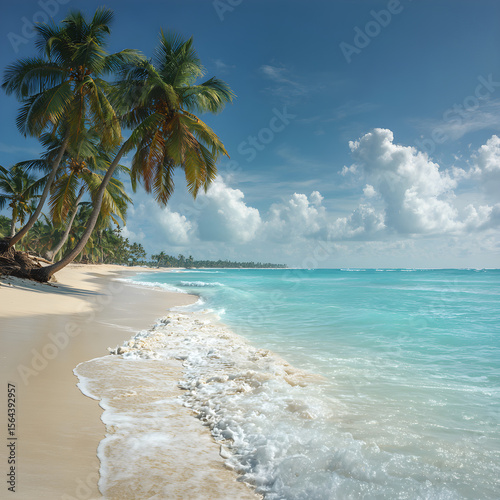 Sunlit Tranquility: An Idyllic Tropical Beachscape with Swaying Palms and Crystal Waves