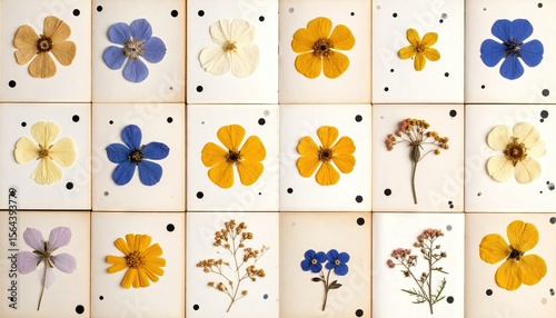 Arrangement of Pressed Flowers on White Background with Square Patterns