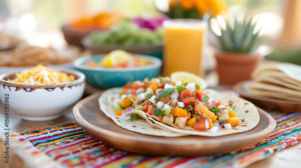 Fototapeta premium Delicious tacos with fresh salsa, accompanied by colorful garnishes and refreshing drinks, evoking a festive dining experience.