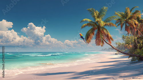 Sunlit Tranquility: An Idyllic Tropical Beachscape with Swaying Palms and Crystal Waves