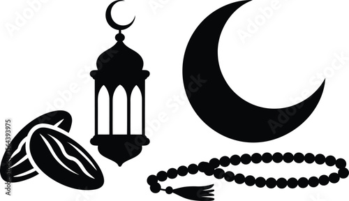 Black Ramadan Symbols Illustration Crescent Moon Lantern Dates and Prayer Beads