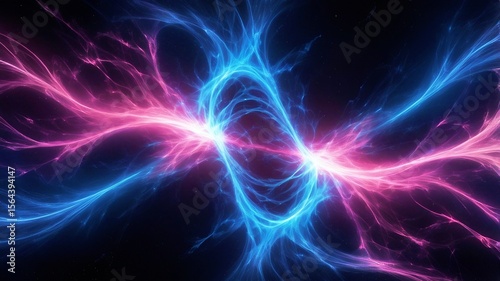 Vibrant digital artwork depicting a swirling vortex of intertwined electric energy in neon blue and pink hues.