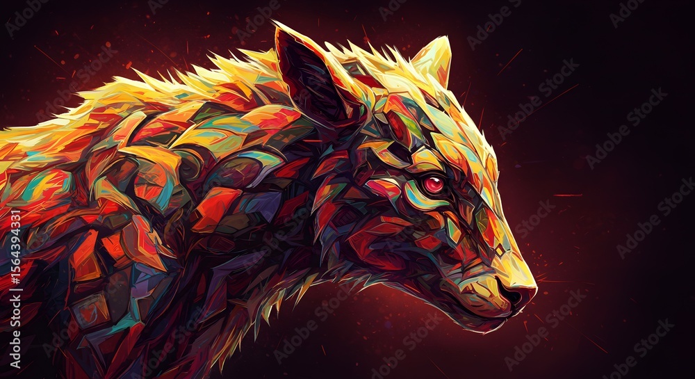 Fototapeta Vibrant abstract wolf illustration with a fiery mosaic pattern. A mythical canine predator with glowing red eyes, depicted in a colorful stained glass style.