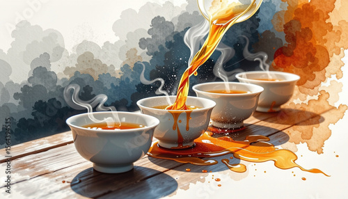 Dynamic watercolor of Gongfu tea being poured into multiple bowls, showcasing rich colors and steam rising, creating warm and inviting atmosphere