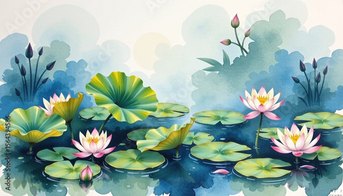 Lush water lilies float serenely on tranquil lake, surrounded by vibrant green leaves and soft blue hues, evoking peaceful atmosphere