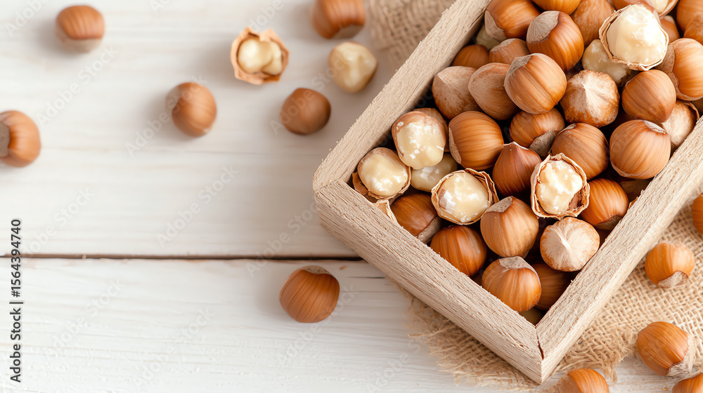 Fresh hazelnuts in a wooden bowl on a rustic table, perfect for healthy snacking and culinary uses in desserts and salads. Fresh hazelnuts in a wooden bowl on a rustic table, perfect for healthy snacking and culinary uses in desserts and salads.