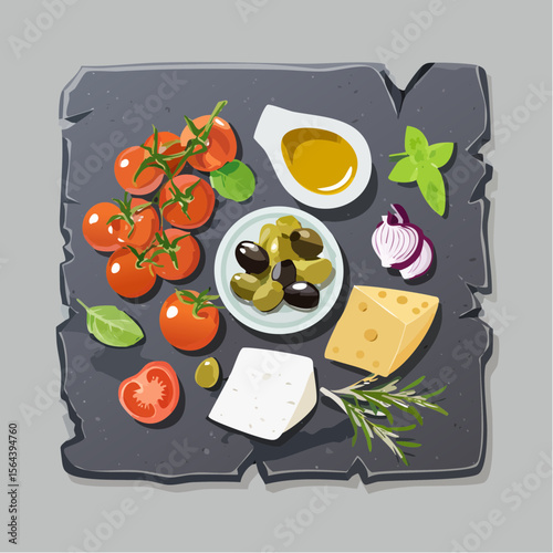 A bright vector showing Mediterranean food ingredients like olives, feta, and tomatoes on stone. Warm and well-organized, perfect for recipes, blogs, or cultural cuisine visuals.