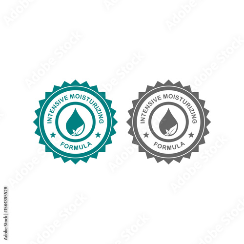 Intensive moisturizing formula label. Water drop with leaf icon for natural skincare, beauty, and cosmetic products. Hydration seal design.