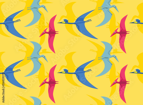 Flying Dinosaur Pterosaurs Summer Set Cartoon Yellow Seamless Pattern Background Wallpaper