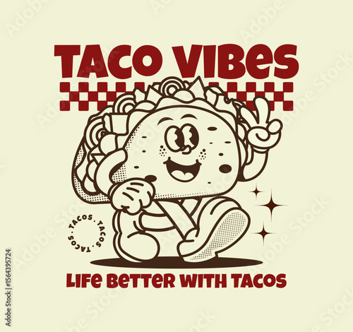 Retro taco cartoon character illustration. Cute, fun, and colorful mascot design perfect for t-shirt, sticker, poster, streetwear, and fast food themed project