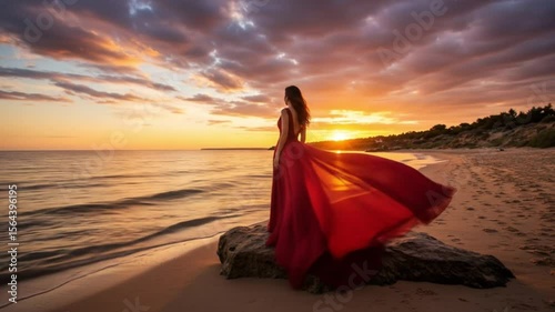 Woman in red dress on beach at sunset