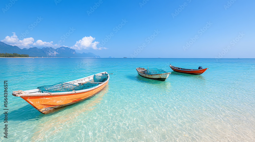 Naklejka premium Tranquil seascape featuring colorful boats anchored in crystal clear water under a bright blue sky with distant mountains.