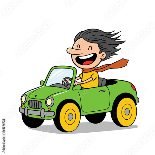 Smiling cartoon character drives a green car with yellow wheels, wearing a yellow shirt and orange scarf, black hair blowing in the wind.