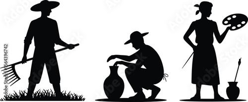 Silhouettes of Farmer Potter and Painter on White Background