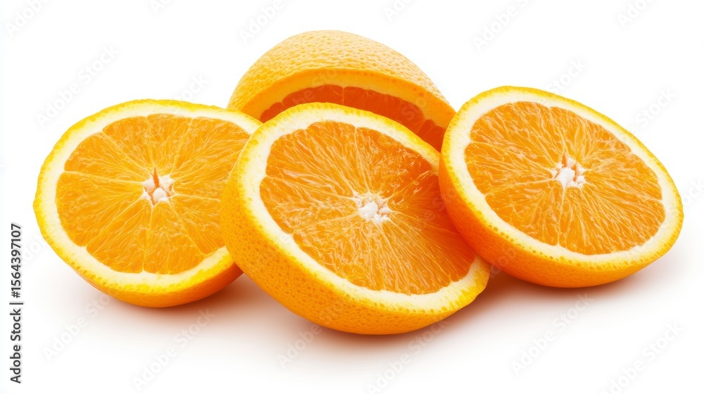Four juicy orange slices and a half orange, isolated on white background. Four juicy orange slices and a half orange, isolated on white background.
