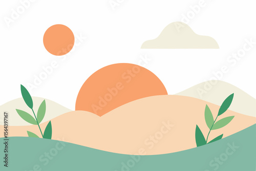 Abstract Sunset Landscape with Hills and Foliage, Minimalist Vector Illustration for Print and Digital Use