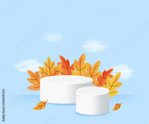 Horizontal autumn banner with white 3D podiums surrounded by colorful foliage. Perfect for fall promotions. Vector illustration on blue background