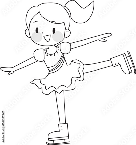 Line drawing of a girl figure skating. Ice skating. Cute, fun. Vector illustration.