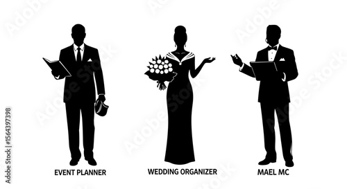 Elegant Wedding & Event Planning Professionals Silhouettes of Planner, Bride, and Master of Ceremonies