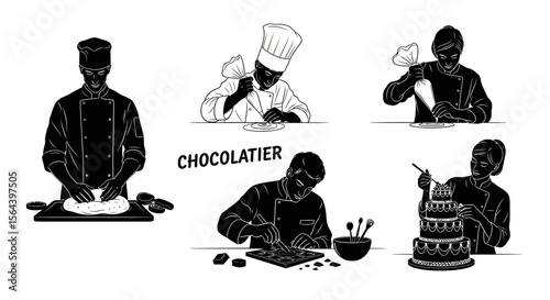 Silhouette Illustrations of Chocolatiers and Pastry Chefs at Work