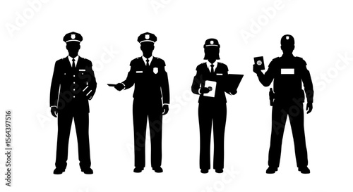 Silhouette Illustrations of Police Officers Diverse Roles and Uniforms