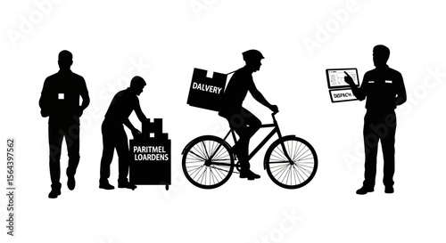 Delivery Service Silhouettes of Workers, Bicycle Courier, and Packages
